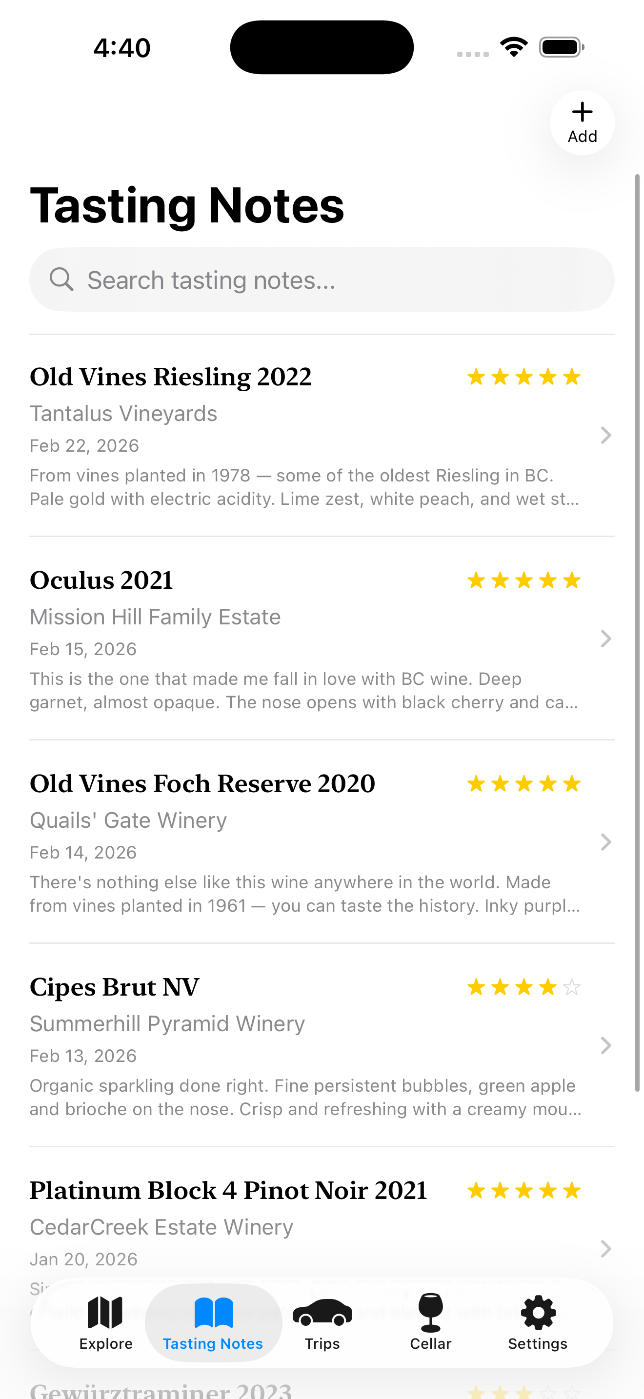 Tasting journal — log every wine with a photo and rating
